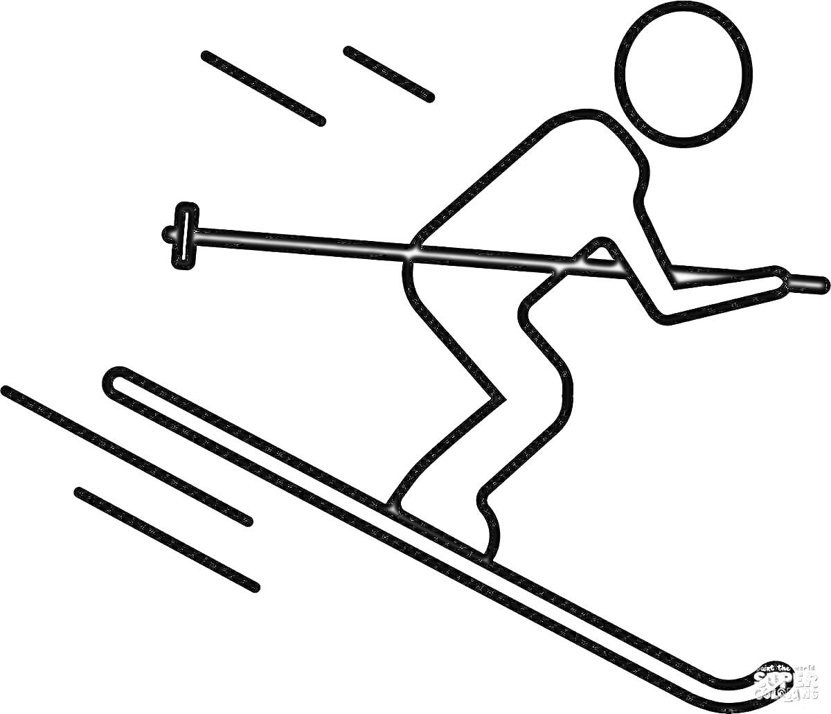 Раскраска Человек на лыжах на склоне горы с лыжными палками