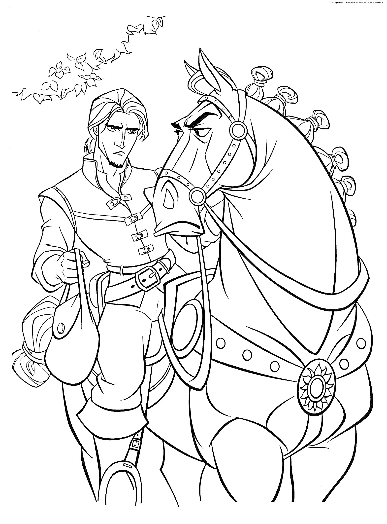 Раскраска Мужчина с сумкой и лошадь с уздечкой на фоне лозы