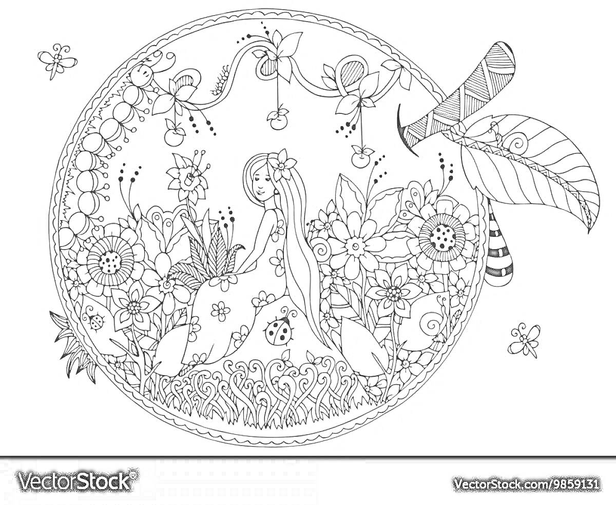 Раскраска Антистресс раскраска с яблоком, девушкой с длинными волосами, цветами, божьими коровками, бабочками, листьями и декоративным узором