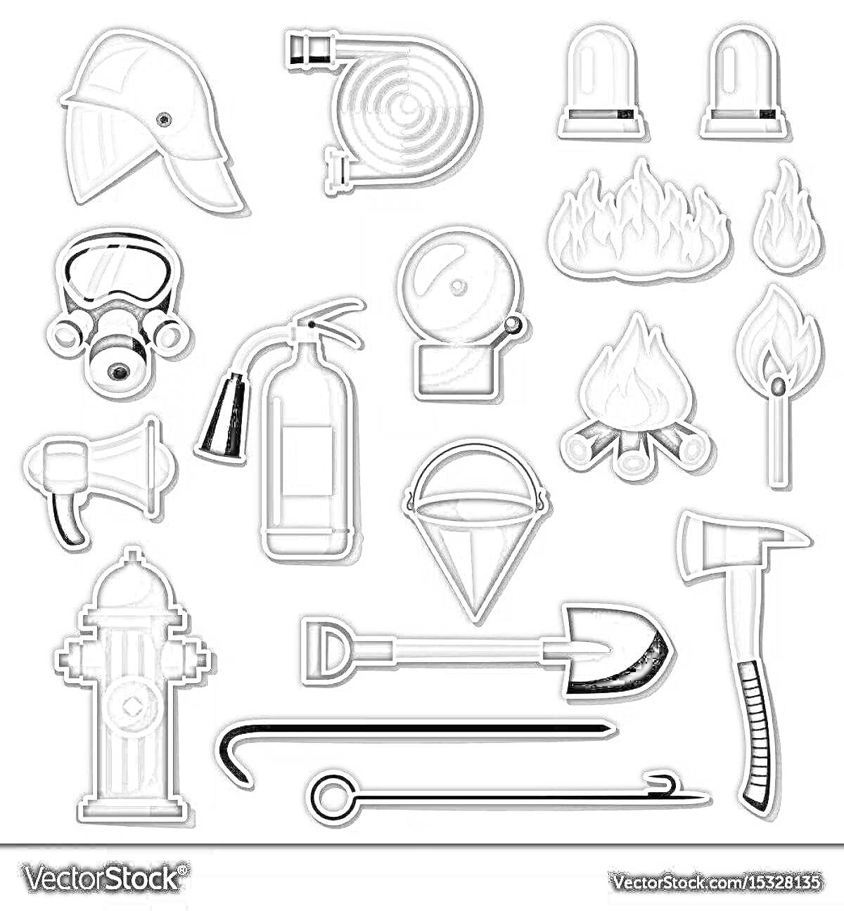 Раскраска пожарный шлем, пожарный шланг, пожарная сирена, огонь, костёр, горящая спичка, рупор, противогаз, огнетушитель, пожарный колокол, остроугольное ведро, пожарный гидрант, пожарный ломик, лопата, топор