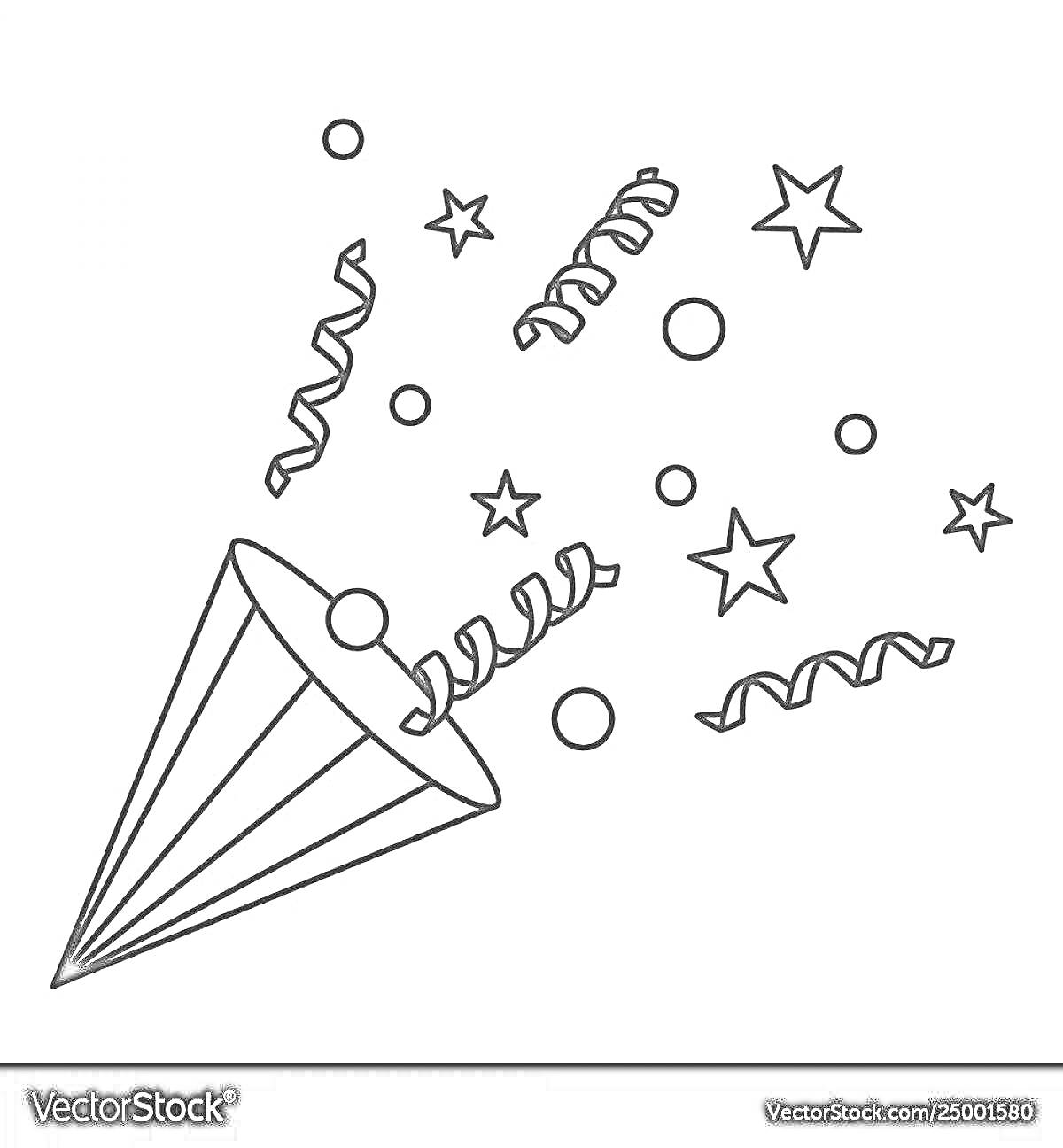 На раскраске изображено: Хлопушка, Конфетти, Звезды, Серпантин