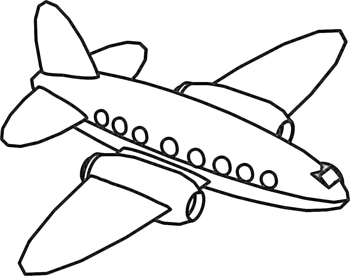На раскраске изображено: Иллюминаторы, Крылья, Авиалайнер, Транспорт, Авиация