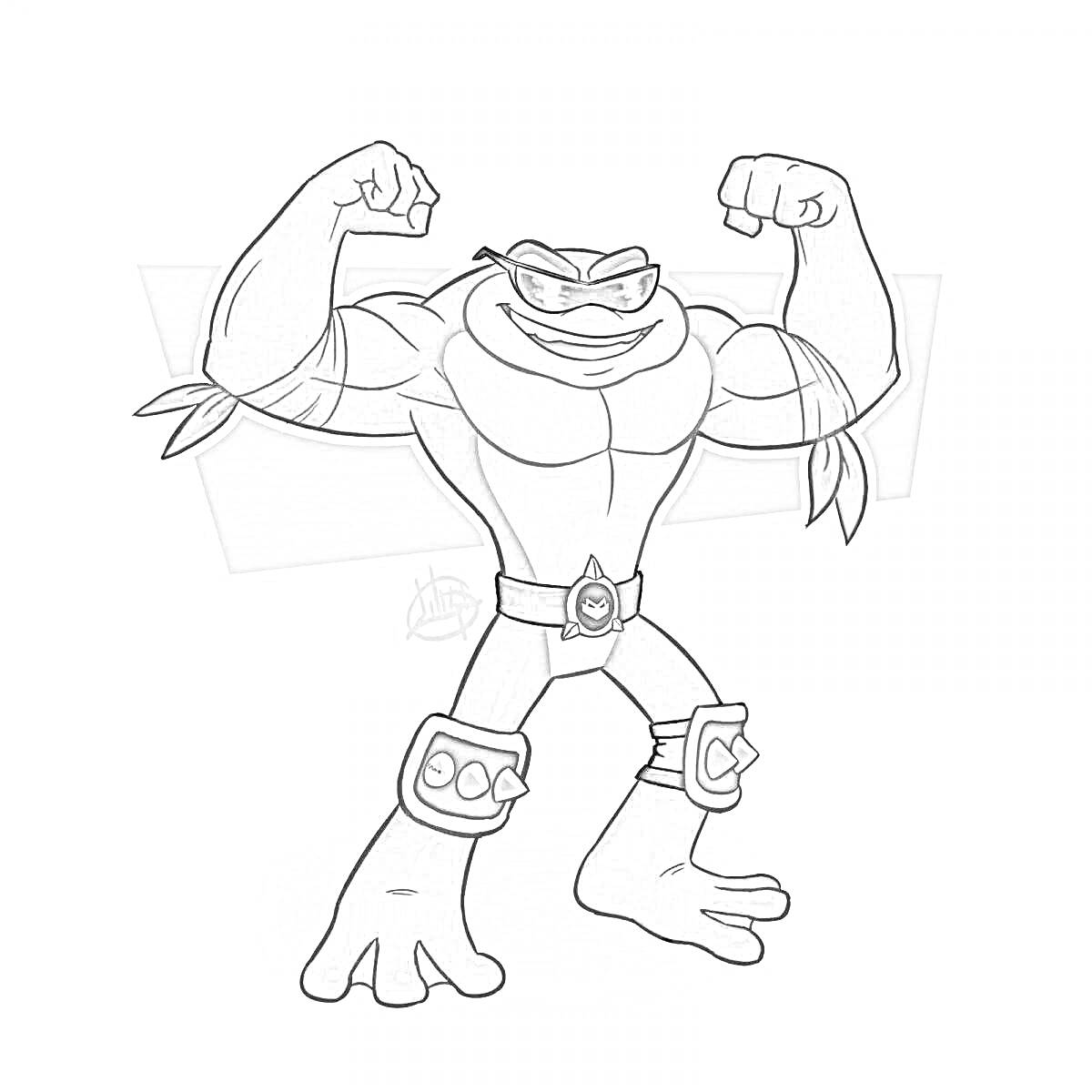 Раскраска Мышечная жаба-супергерой с кожаными нарукавниками и повязкой на лбу