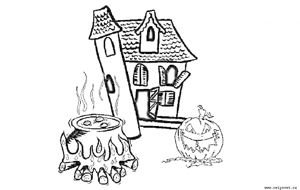 На раскраске изображено: Хэллоуин, Дом с привидениями, Котел, Тыква, Привидения, Украшения