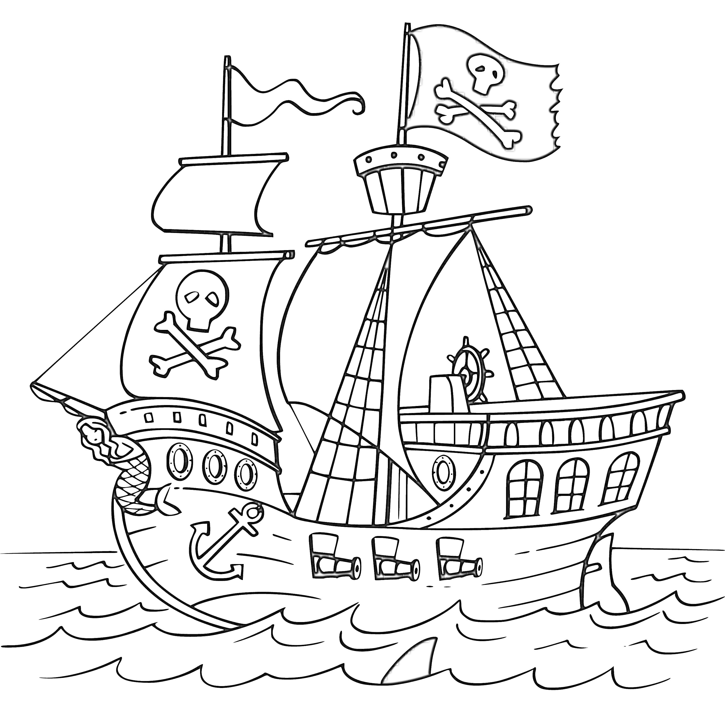 На раскраске изображено: Пиратский корабль, Череп и кости, Флаг, Паруса, Волны, Мачта, Море