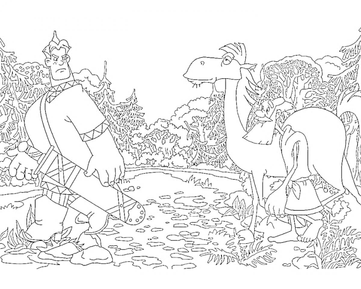 Раскраска Богатырь, конь и верблюд на лесной тропе