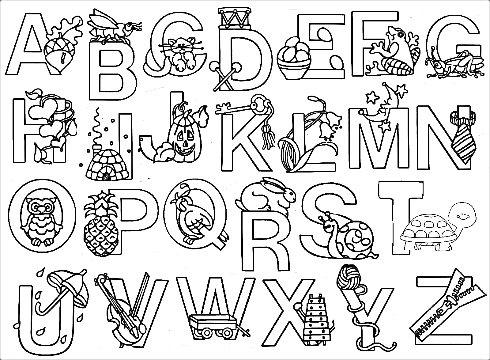 Раскраска Алфавит с элементами, включающими ангела, пчелу, чашку, бедуина, яйцо, лягушку, ключ, льва, корону, мышь, носорога, галстук, сову, ананас, королеву, кролика, солнце, черепаху, рентген, йо-йо, зебру.