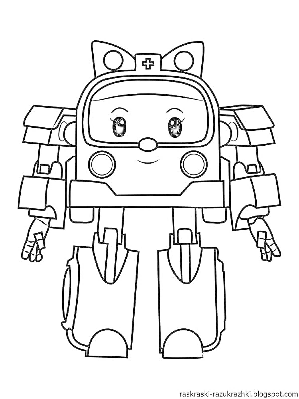 Робот-машина с милым лицом и ушками, эмблемой с крестом на лбу, с большими ногами и руками с пальцами