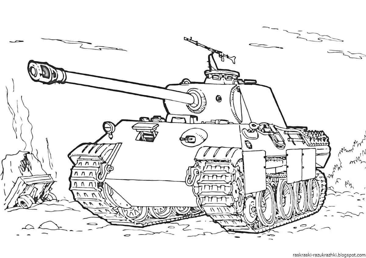 Раскраска Танк Т-34 на пересеченной местности с деталями брони и гусениц, вид спереди, дальномер на башне, пейзаж с кустами слева