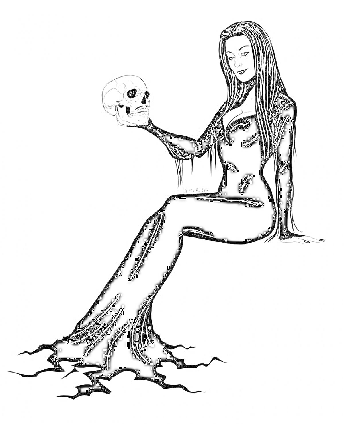Раскраска Женщина в длинном платье с черепом в руке, сидящая на земле