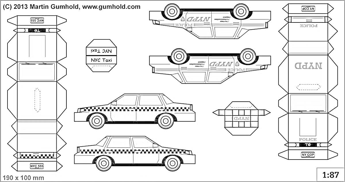 Раскраска Шаблон для создания бумажных автомобилей - полицейская машина и такси