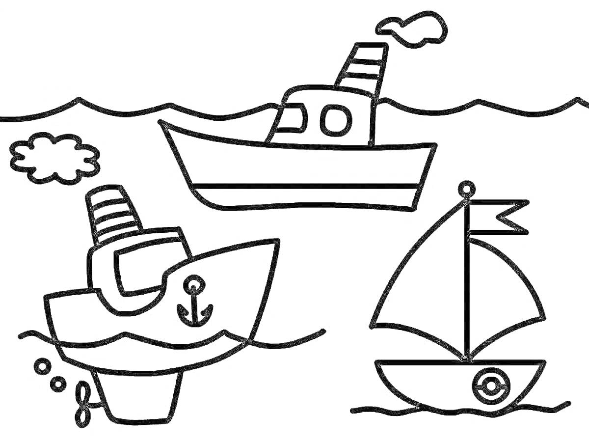 На раскраске изображено: Пароход, Труба, Море, Волны, Флаг, Лодка, Транспорт