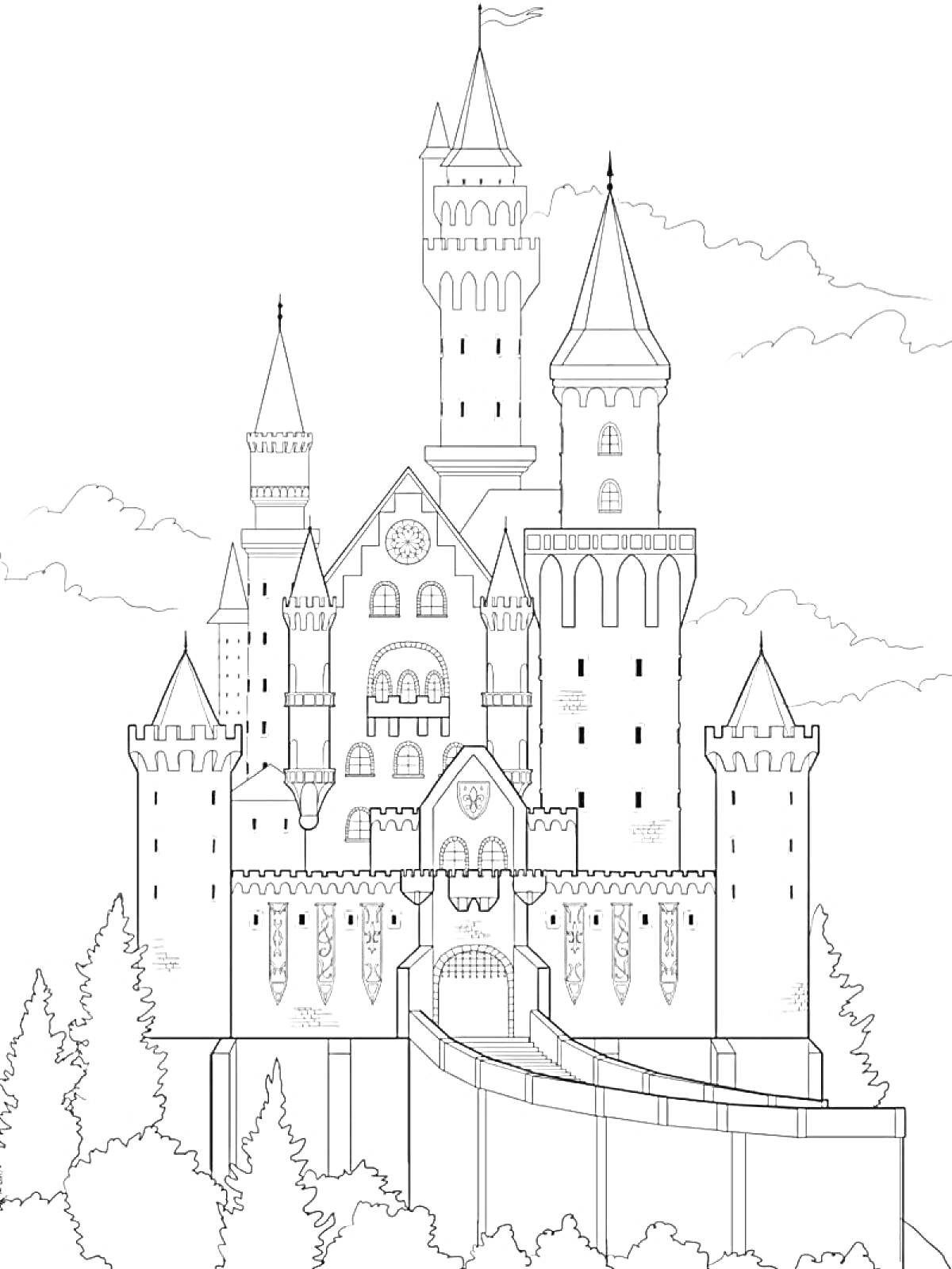 На раскраске изображено: Замок, Возвышенность, Облака, Деревья, Башни, Ворота