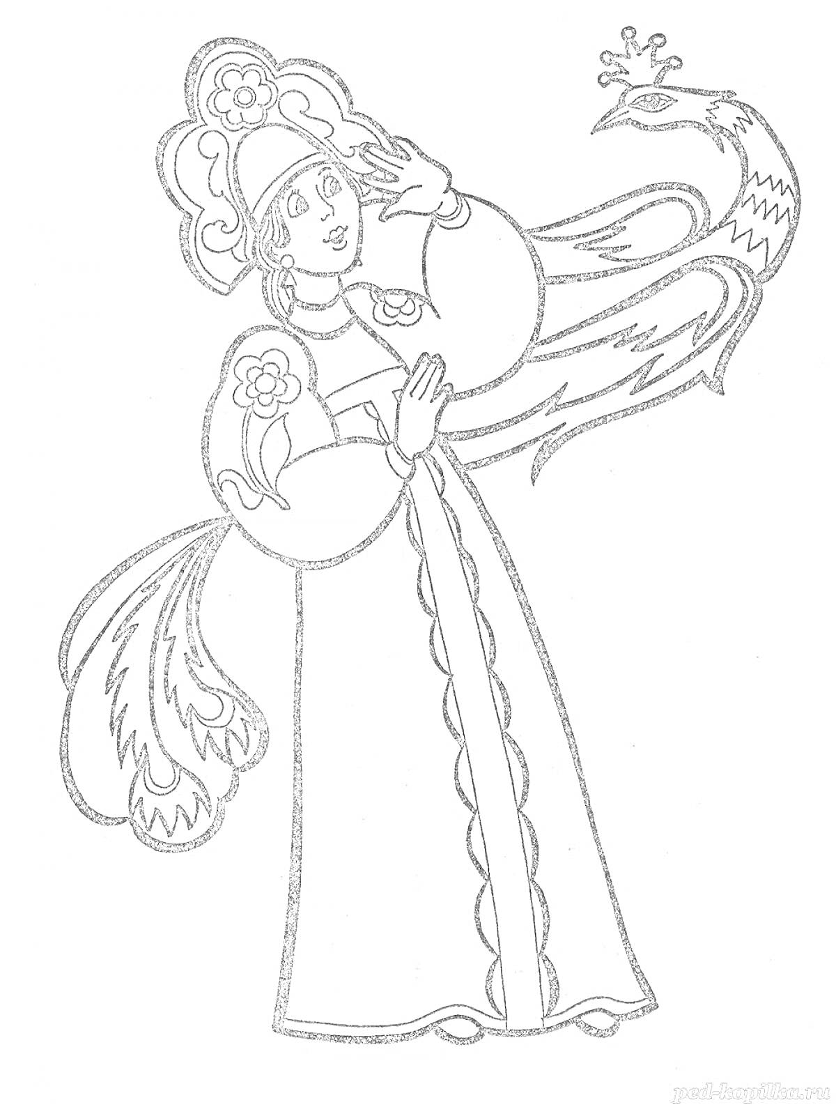 Раскраска Девушка в традиционной русской одежде и Жар-птица с короной на голове