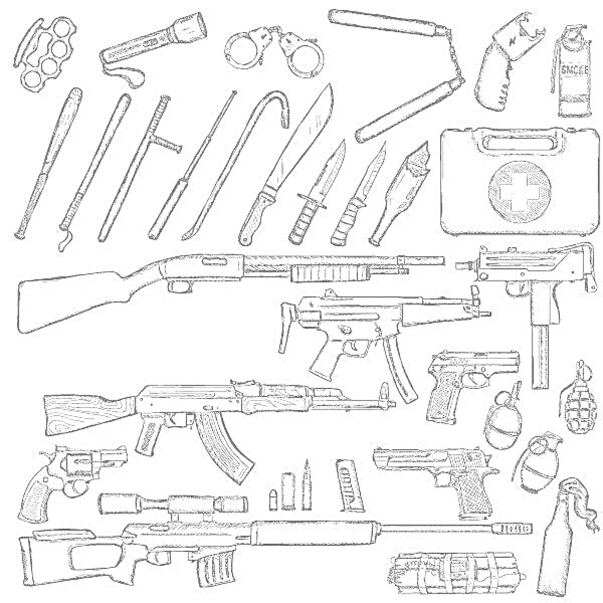 На раскраске изображено: Оружие, Револьвер, Снайперская винтовка, Штурмовая винтовка, Пистолет-пулемет, Глушитель, Патроны, Кастет, Наручники, Аптечка, Нунчаки