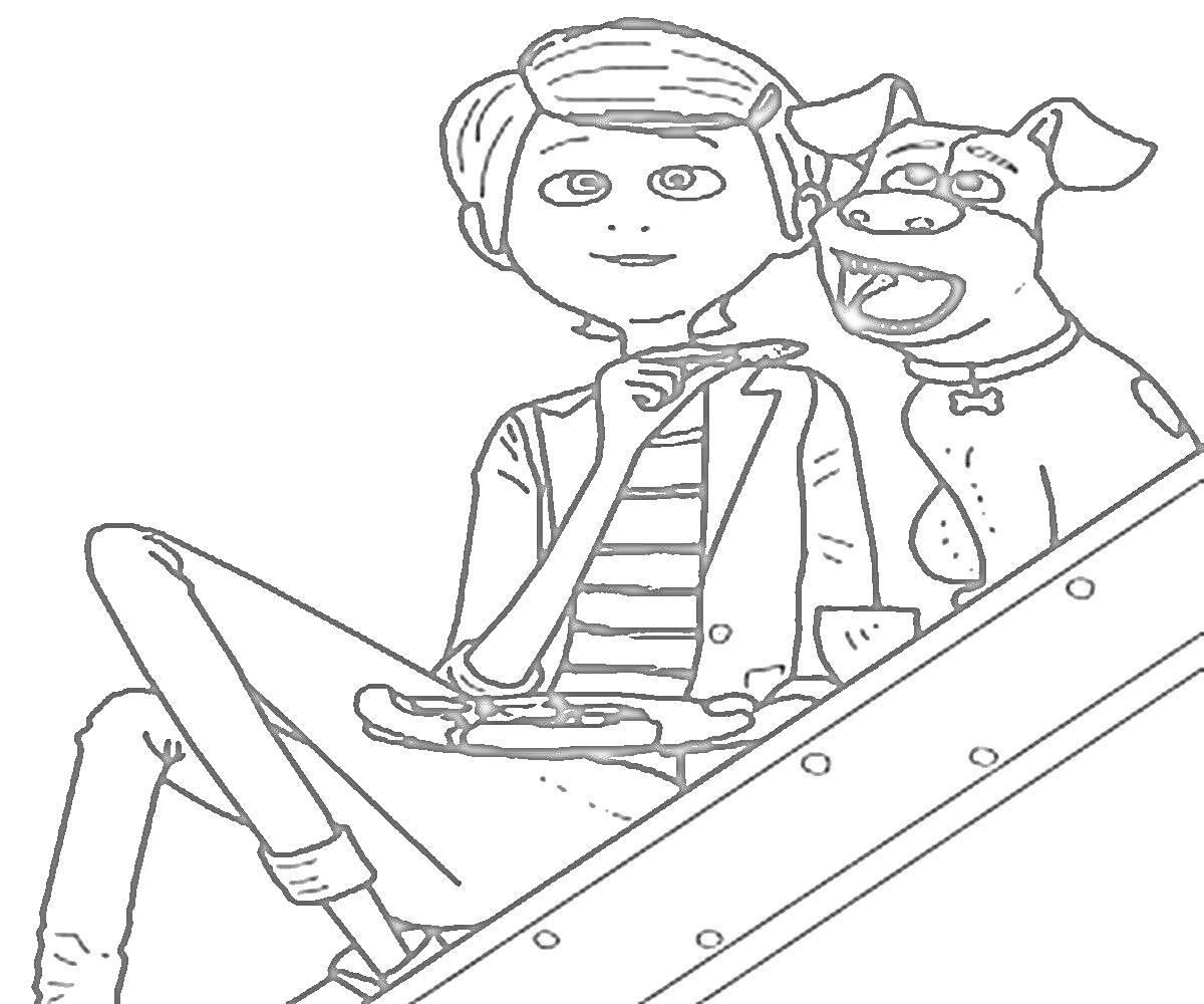Раскраска Человек с короткой стрижкой в полосатой футболке и куртке, сидит на лестнице с собакой