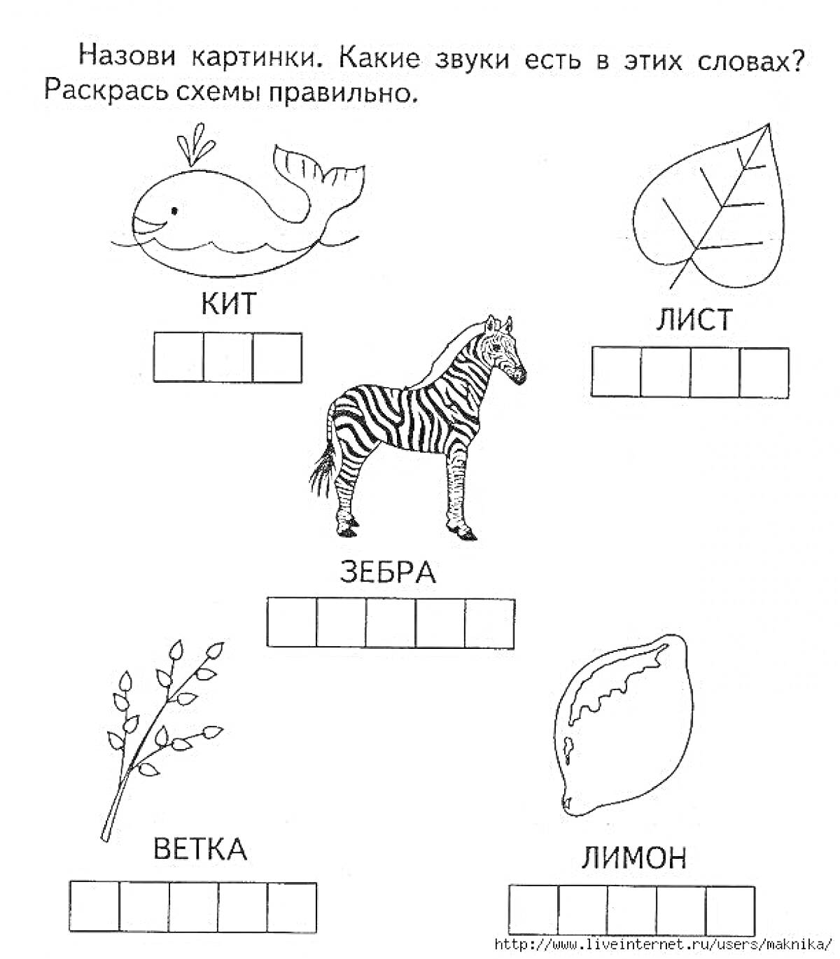 Раскраска Кит, лист, зебра, ветка, лимон с пустыми клетками для звуков