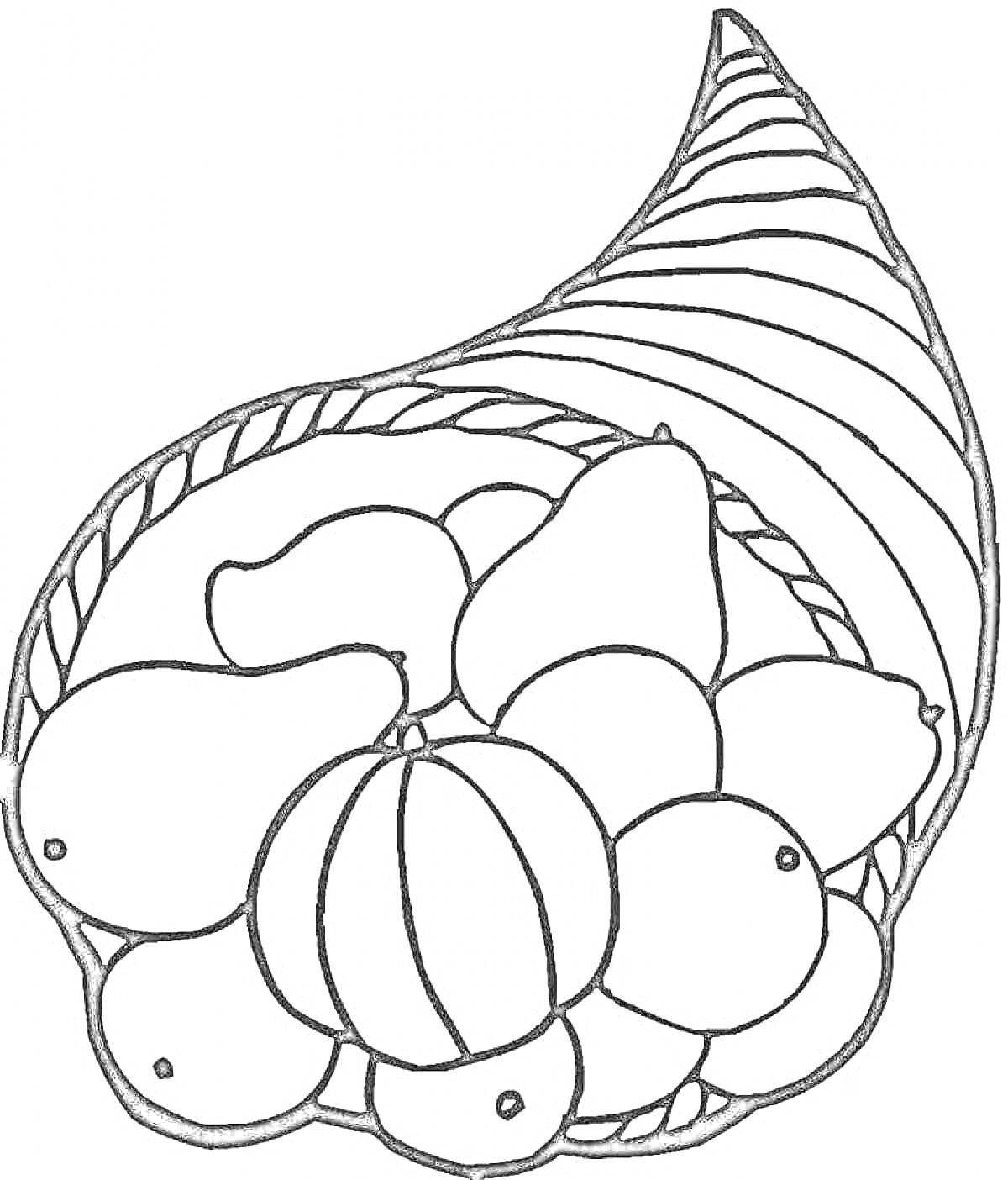Раскраска Рог изобилия с фруктами и овощами, включая яблоки, тыкву, груши и виноград