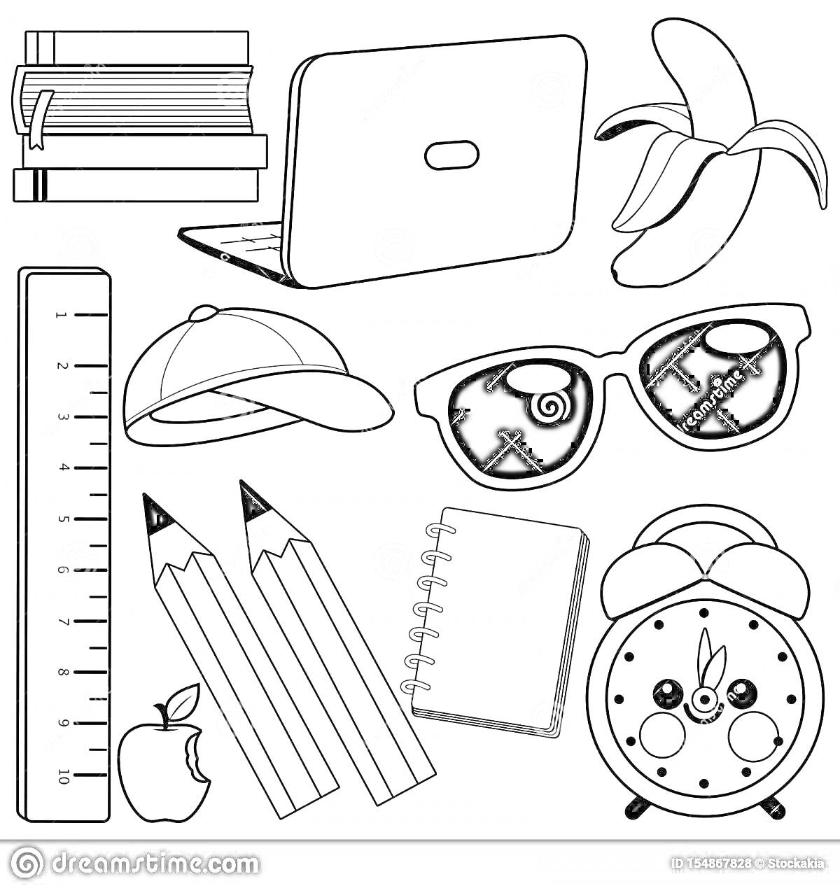 Раскраска Школьные принадлежности будущего: ноутбук, линейка, книги, кепка, банан, очки, карандаши, блокнот, яблоко, часы-будильник