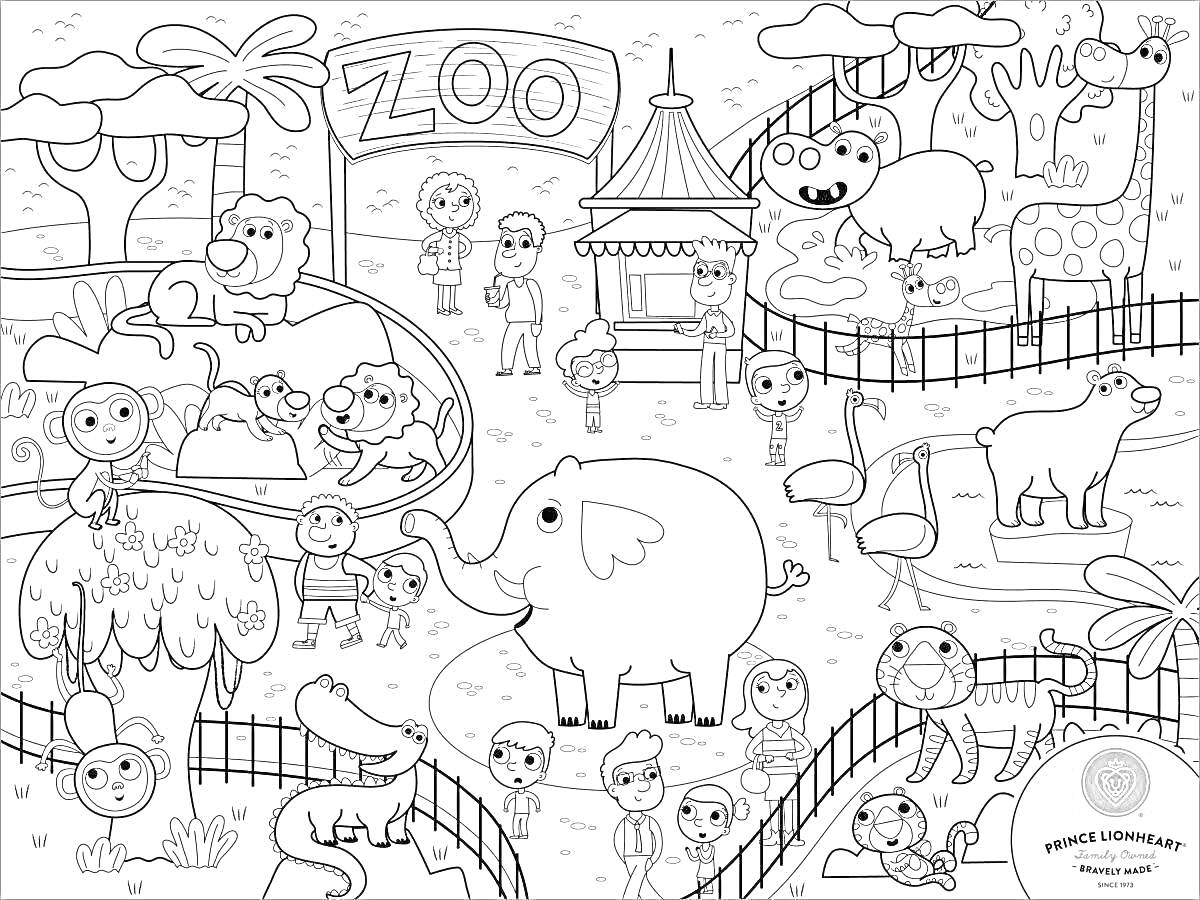 Раскраска Раскраска с элементами зоопарка, включающая слона, леопарда в клетке, крокодила, зебру, фламинго, оленя, какаду, бегемота, обезьяну, павлин, а также людей, деревья, палатка для еды, тропическую растительность и надпись 
