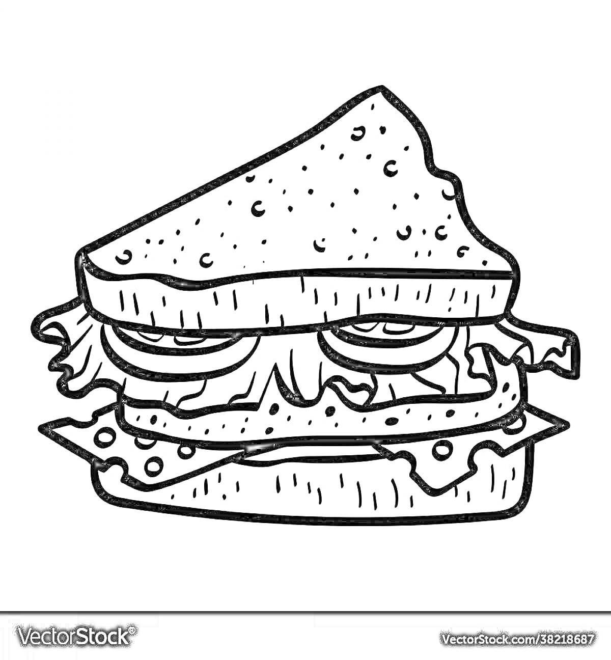 На раскраске изображено: Сэндвич, Еда, Хлеб, Салат, Сыр, Бутерброд