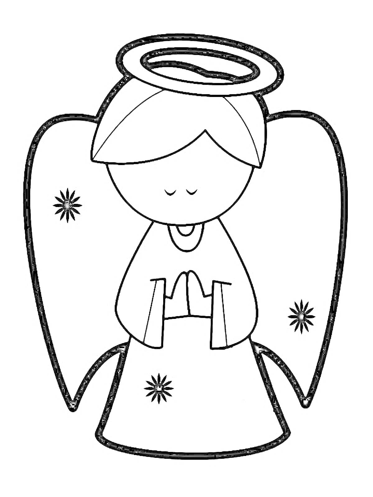 На раскраске изображено: Ангел, Нимб, Звезды, Крылья, Ребёнок, Молитва