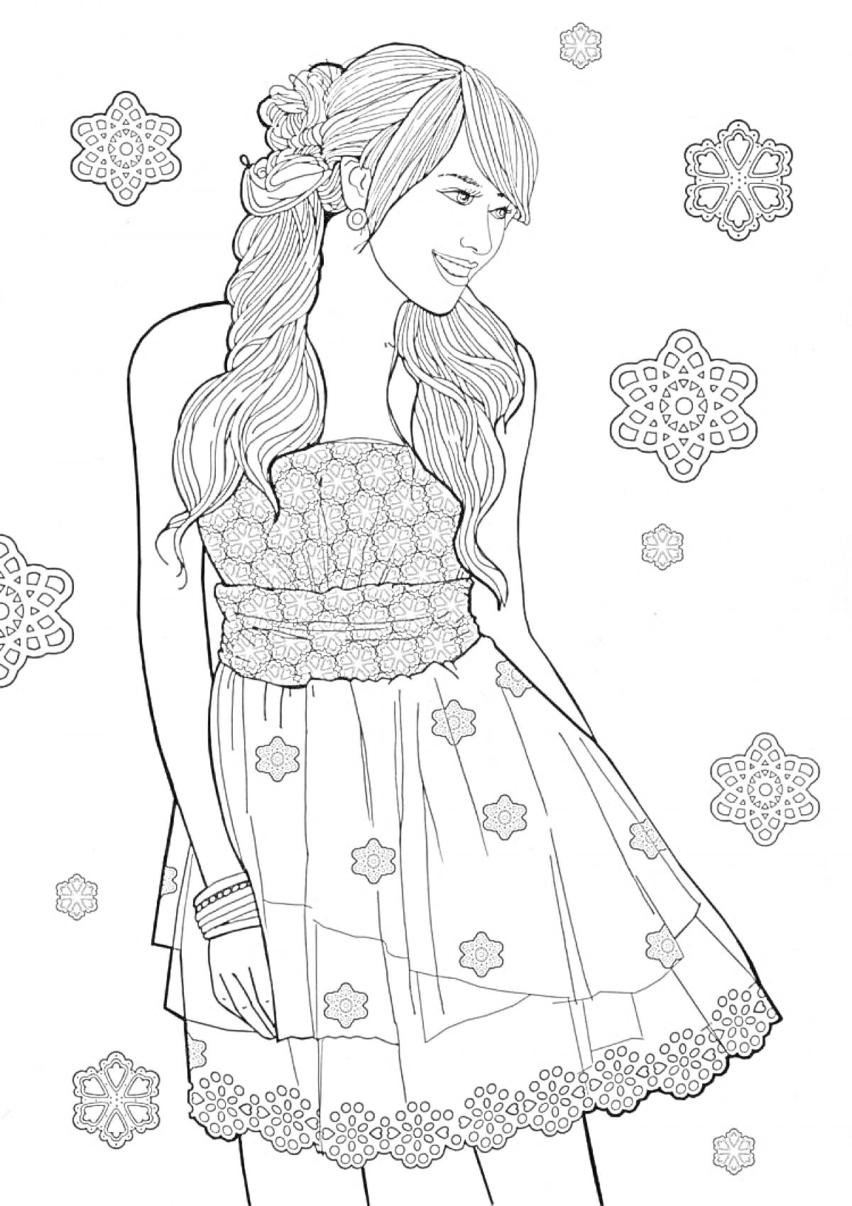 На раскраске изображено: Цветы в волосах, Снежинки, Длинные волосы, Браслет, Девочка