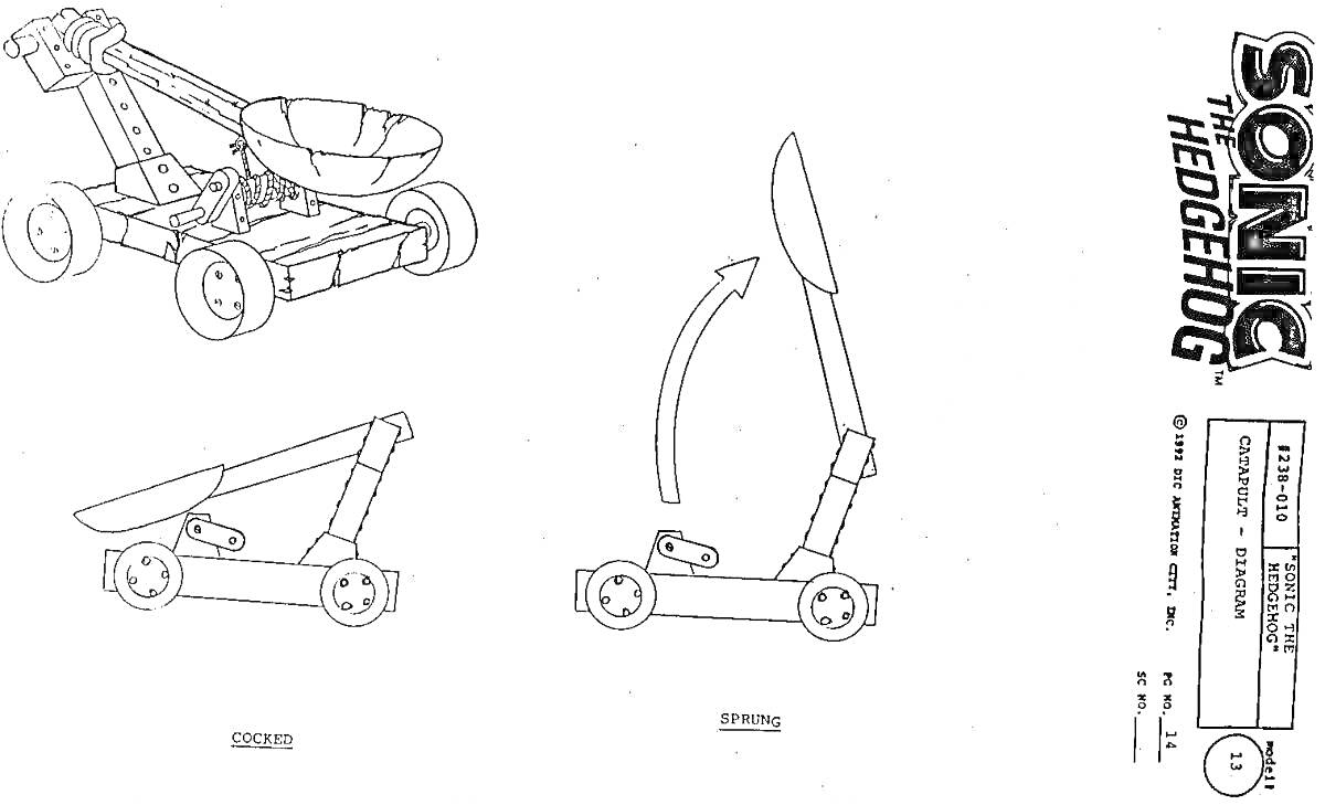 На раскраске изображено: Катапульта, Схема, Инструкция, Механика, Рычаг, Колёса, Крепление, Движение, Sonic the Hedgehog