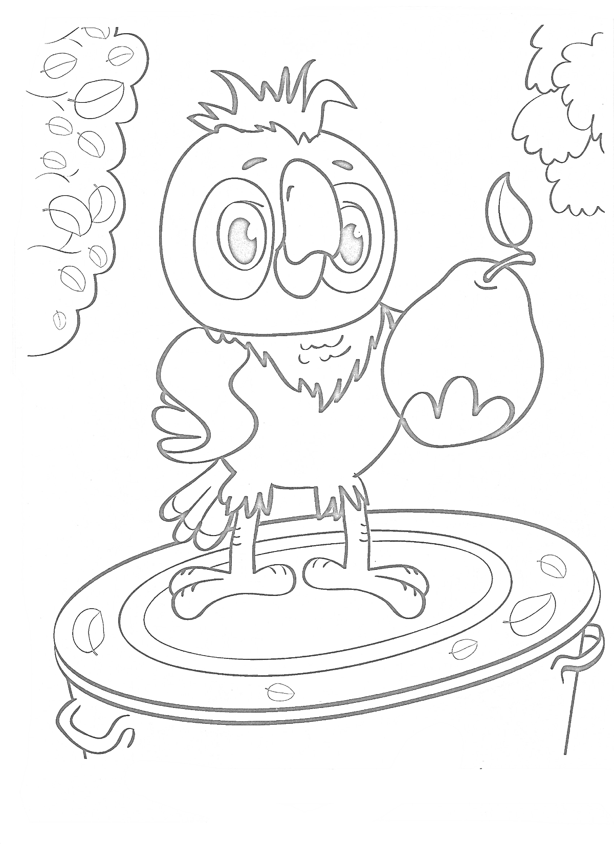 Раскраска Попугай Кеша, стоящий на барабане, держащий яблоко