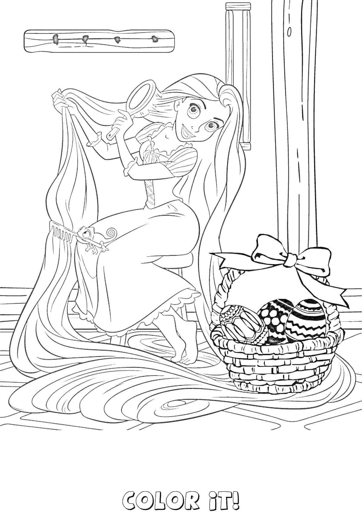 На раскраске изображено: Принцесса, Длинные волосы, Расческа, Пасхальные яйца, Корзина, Для детей, Интерьер, Пасха