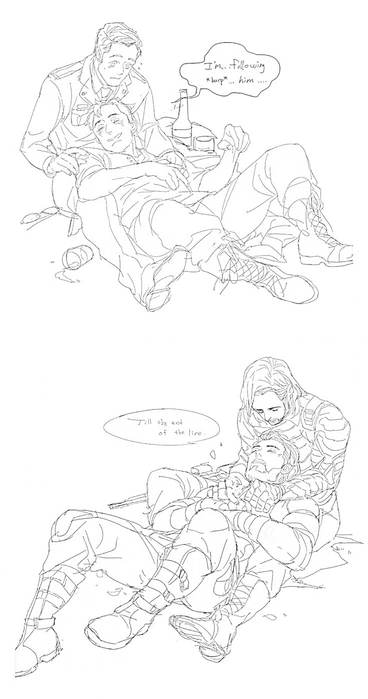 Раскраска Солдат держит раненого товарища на руках, диалог в пузырях, лежащий человек в доспехах, другой солдат с длинными волосами держит другого раненого на руках, второй диалог в пузырях