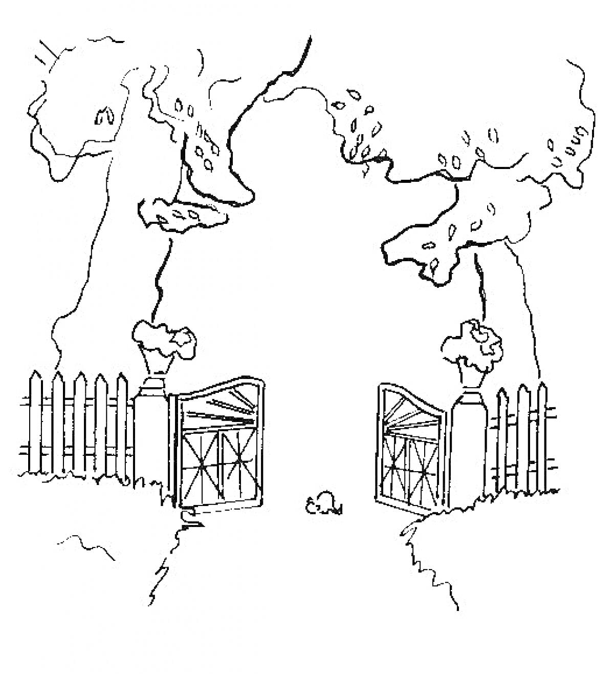 Раскраска Садовые ворота с забором и деревьями
