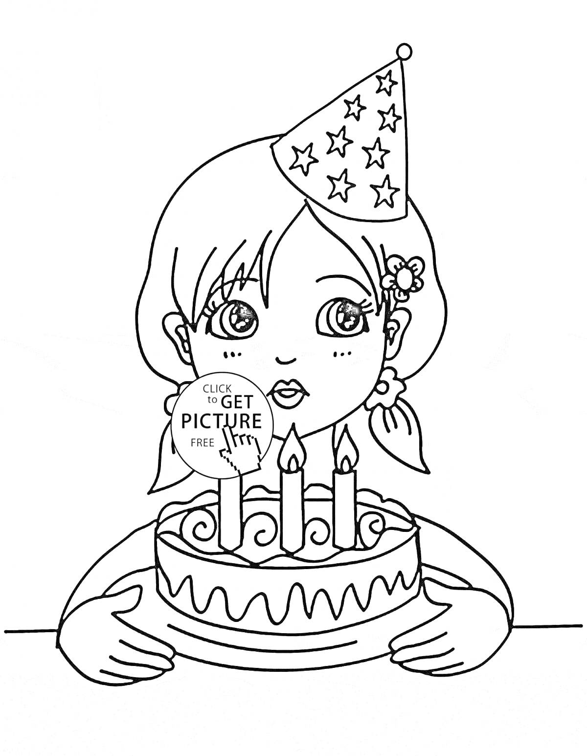 Раскраска Девочка в колпаке с тремя свечами на торте