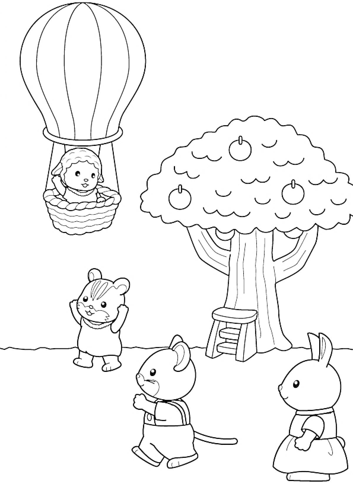 На раскраске изображено: Яблоня, Лестница, Звери, Мышь, Кролик, Медведь, Воздушные шары