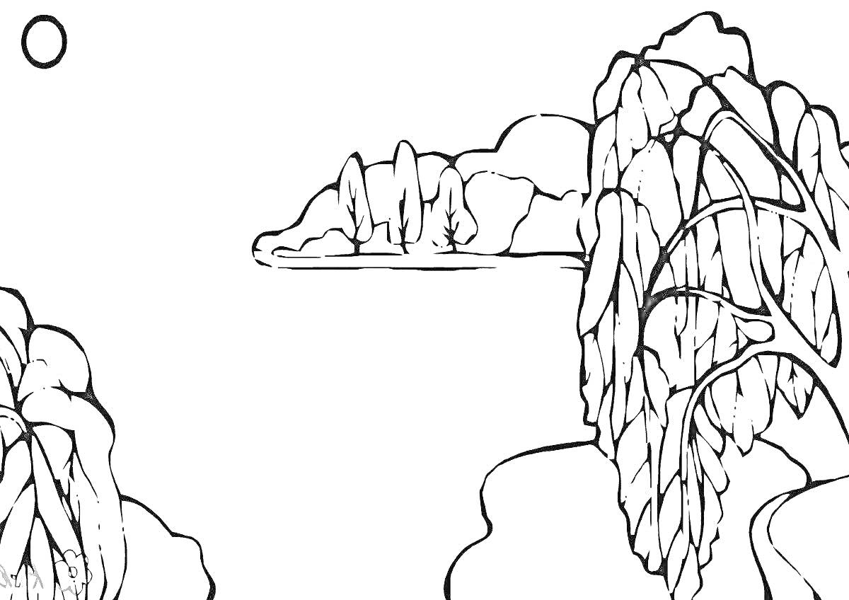 Раскраска Озеро с деревьями на берегу, солнце, кусты и деревья на заднем плане