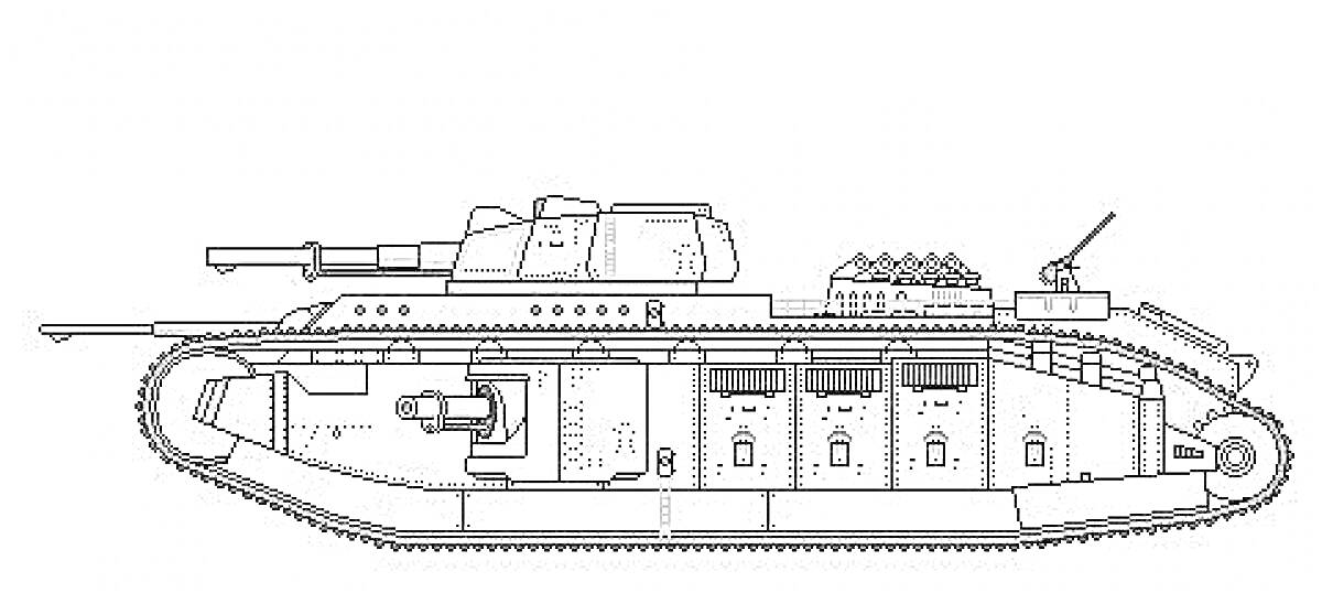 На раскраске изображено: Танк, Ратте, Бронетехника, Военная техника, Гусеницы, Башни, Артиллерия, Оружие