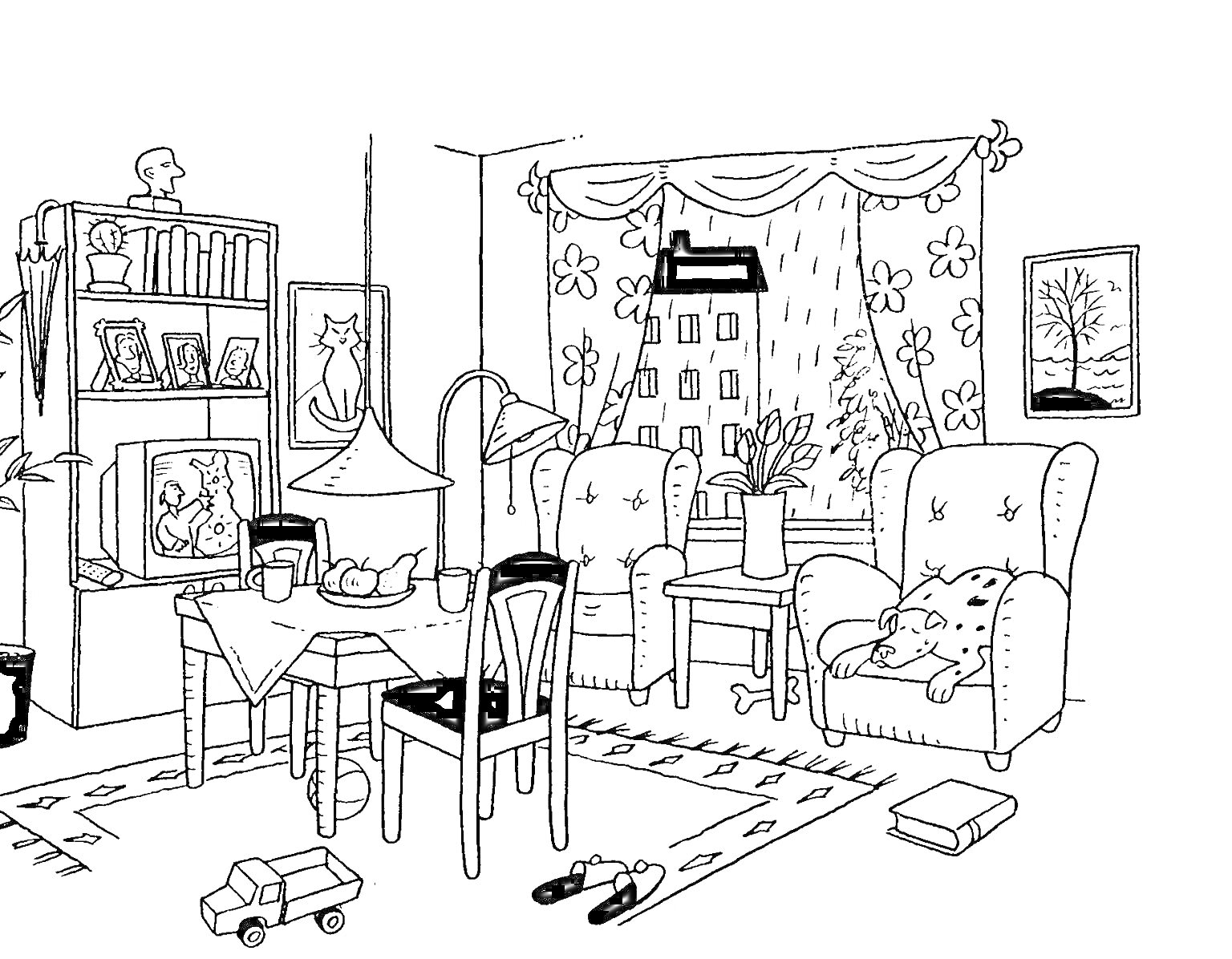 На раскраске изображено: Диван, Кресло, Стол, Стул, Книжный шкаф, Лампа, Шторы, Подушка, Столик, Мебель