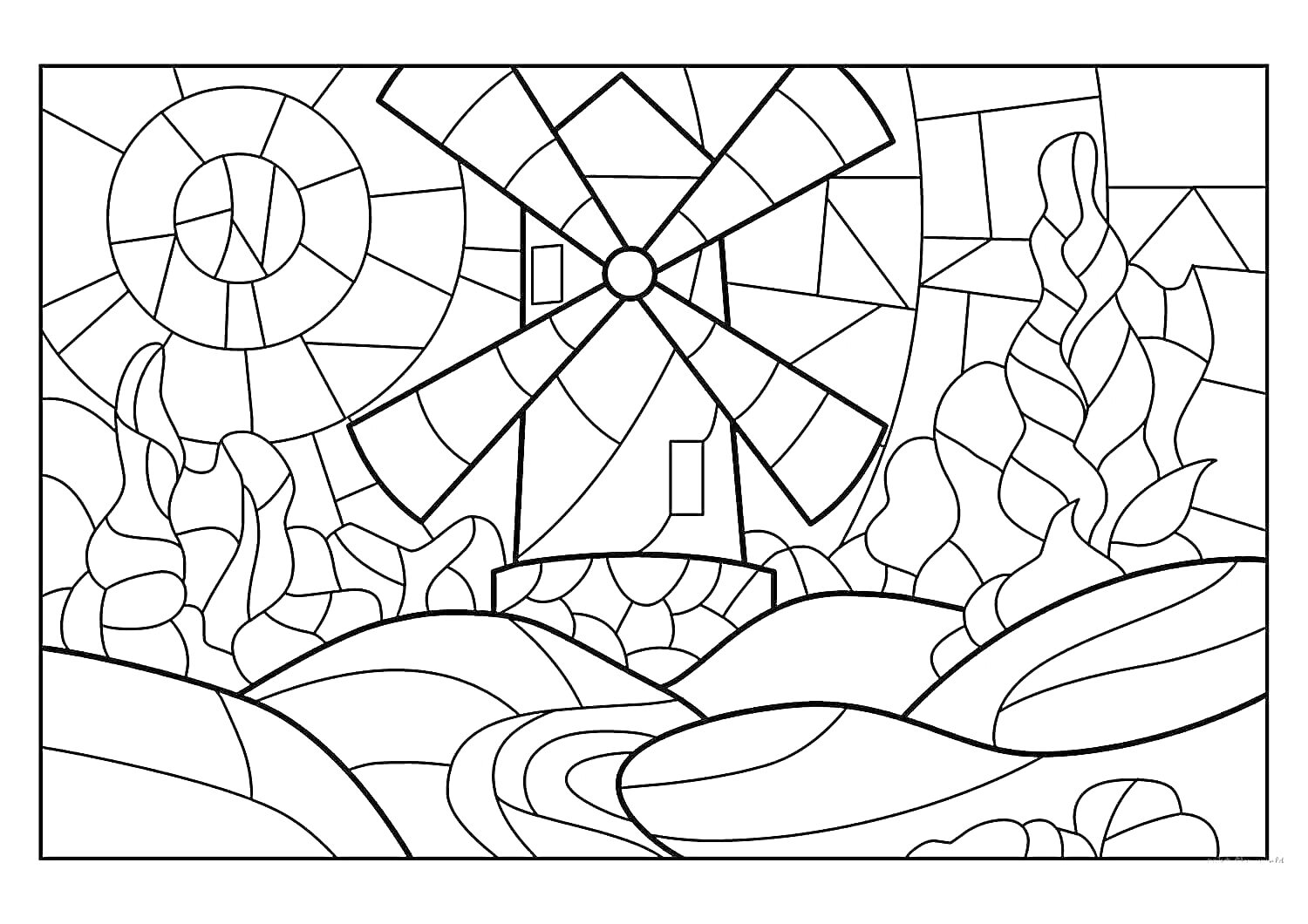 Раскраска Мозаика на которой изображены мельница, солнце, деревья, холмы и река