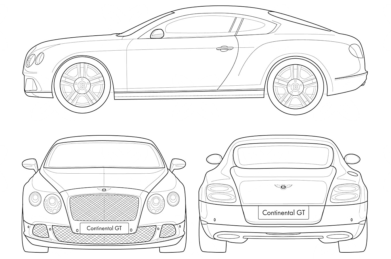 Раскраска Контурное изображение Bentley Continental GT с видами сбоку, спереди и сзади