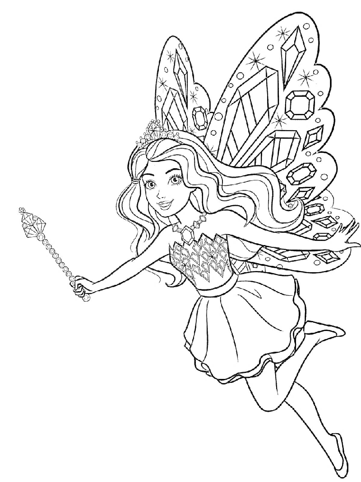 Раскраска Фея с волшебной палочкой и крыльями из драгоценных камней