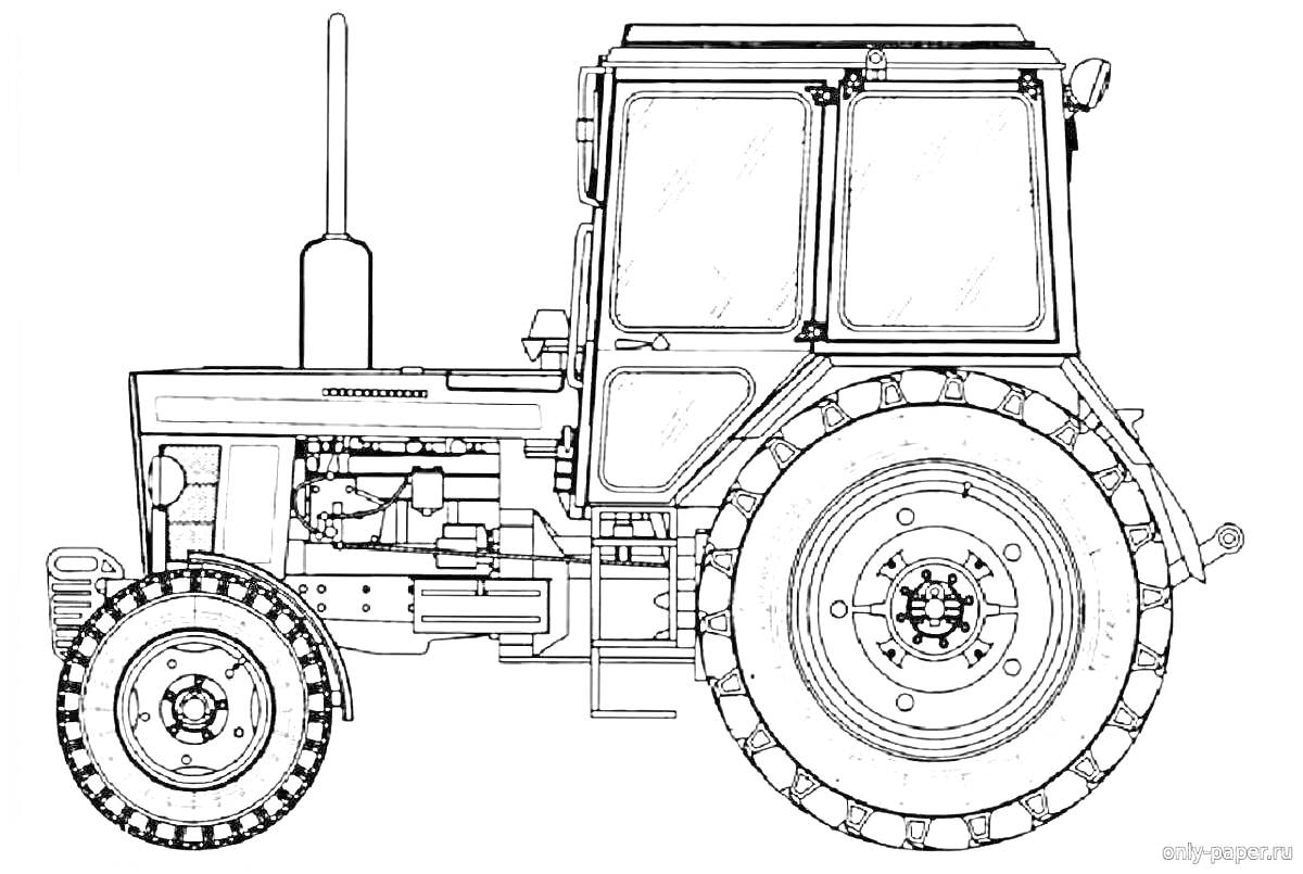 Раскраска Трактор МТЗ 82 с кабиной, передними и задними колесами, выхлопной трубой, двигателем и другими деталями
