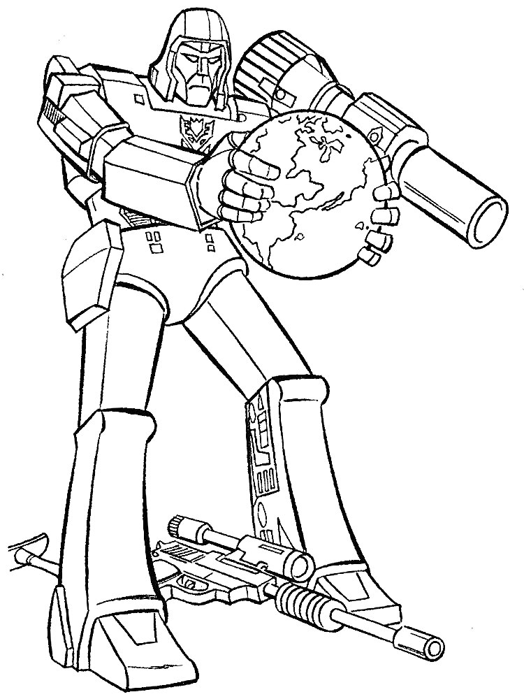 Раскраска Робот-воин с бластером, держащий земной шар