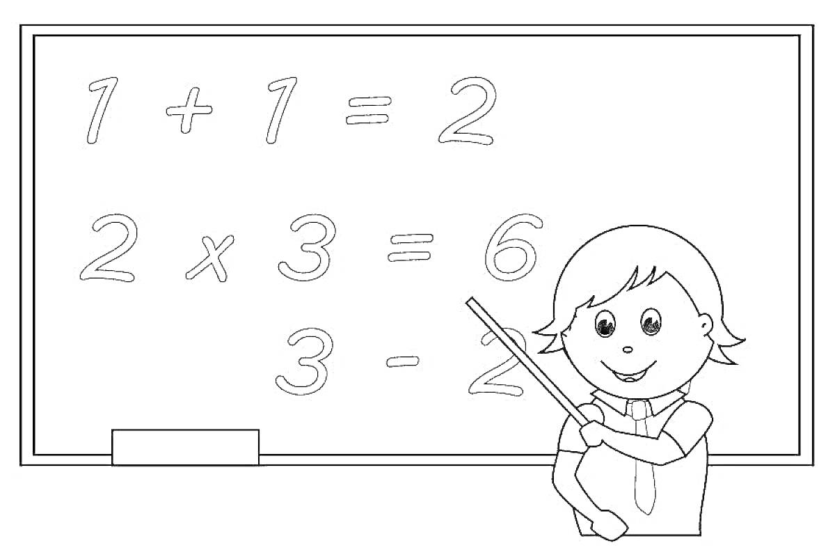 Раскраска Ребенок у школьной доски, показывает на математические примеры