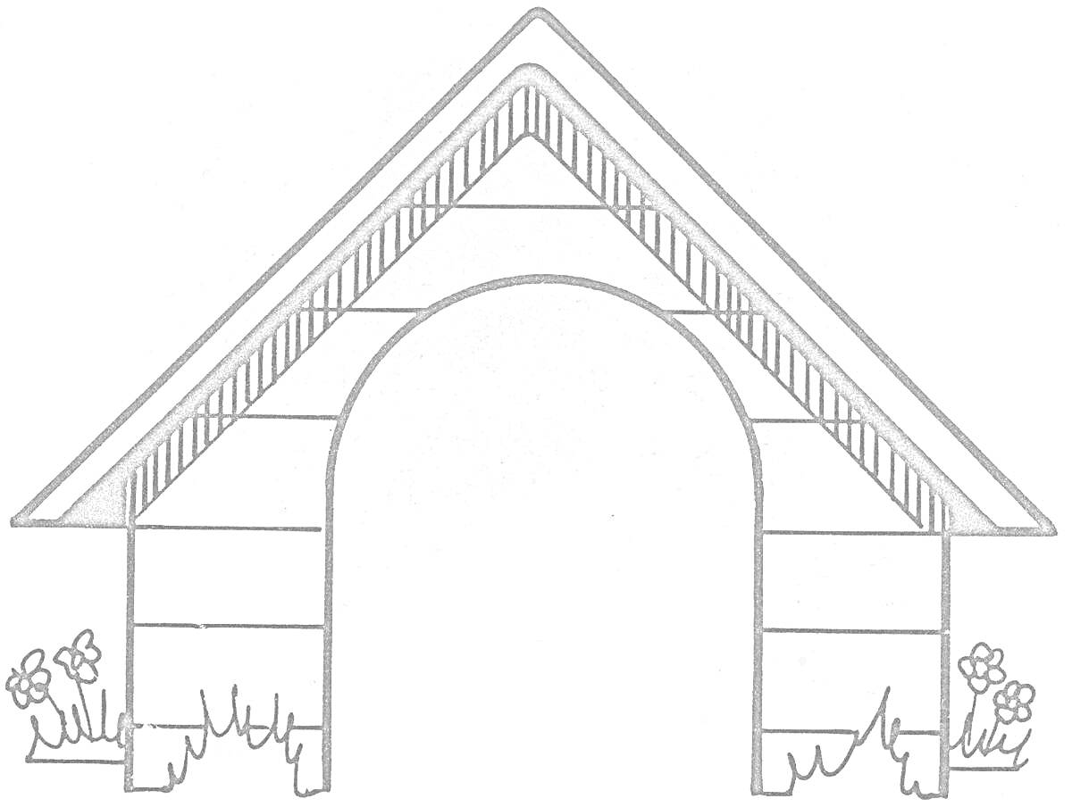 На раскраске изображено: Будка, Арка, Цветы, Трава, Крыша, Домик для собаки