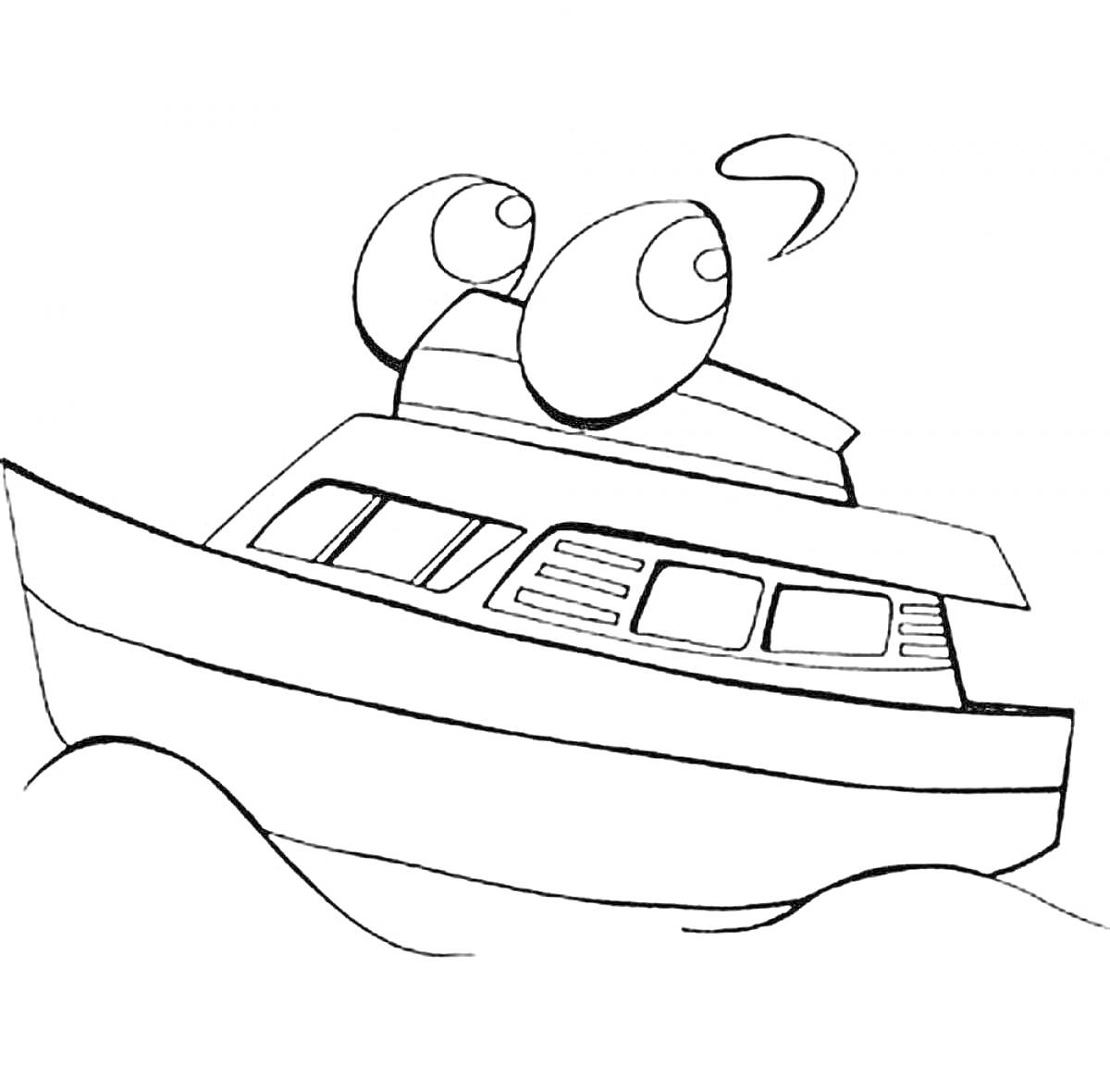 На раскраске изображено: Катер, Глаза, Волны, Лодка, Морской транспорт, Корабль, Море, Для детей