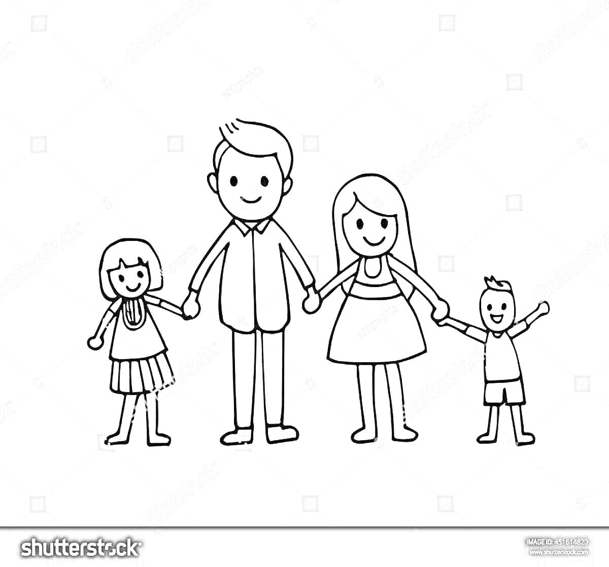 На раскраске изображено: Семья, Родители, Сын, Мама, Держатся за руки
