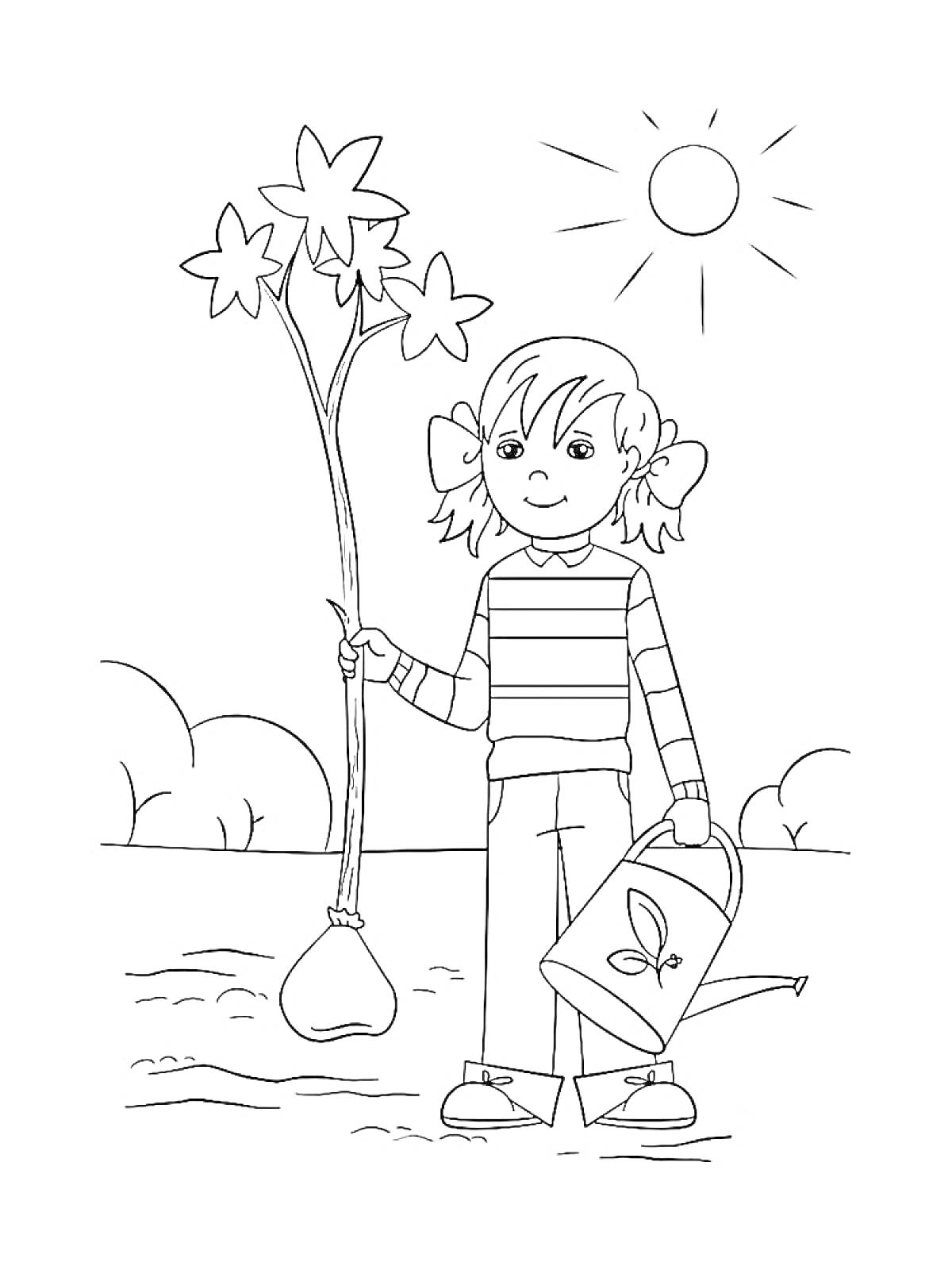 Раскраска Девочка с растением, вязанка из звездных цветов, лейка с листочками, кусты, расписывающие красками весь пейзаж, солнечный день