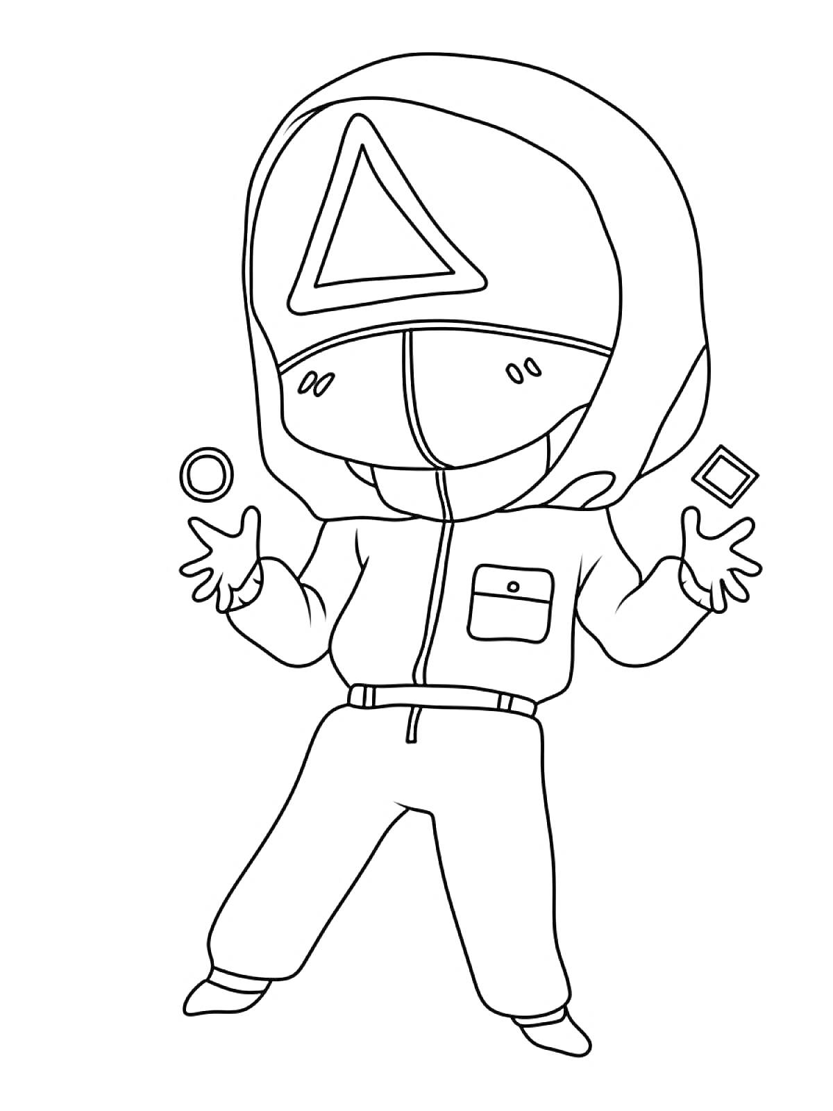 Раскраска Участник игры в кальмара в комбинезоне с треугольником на шлеме, держит круг и квадрат