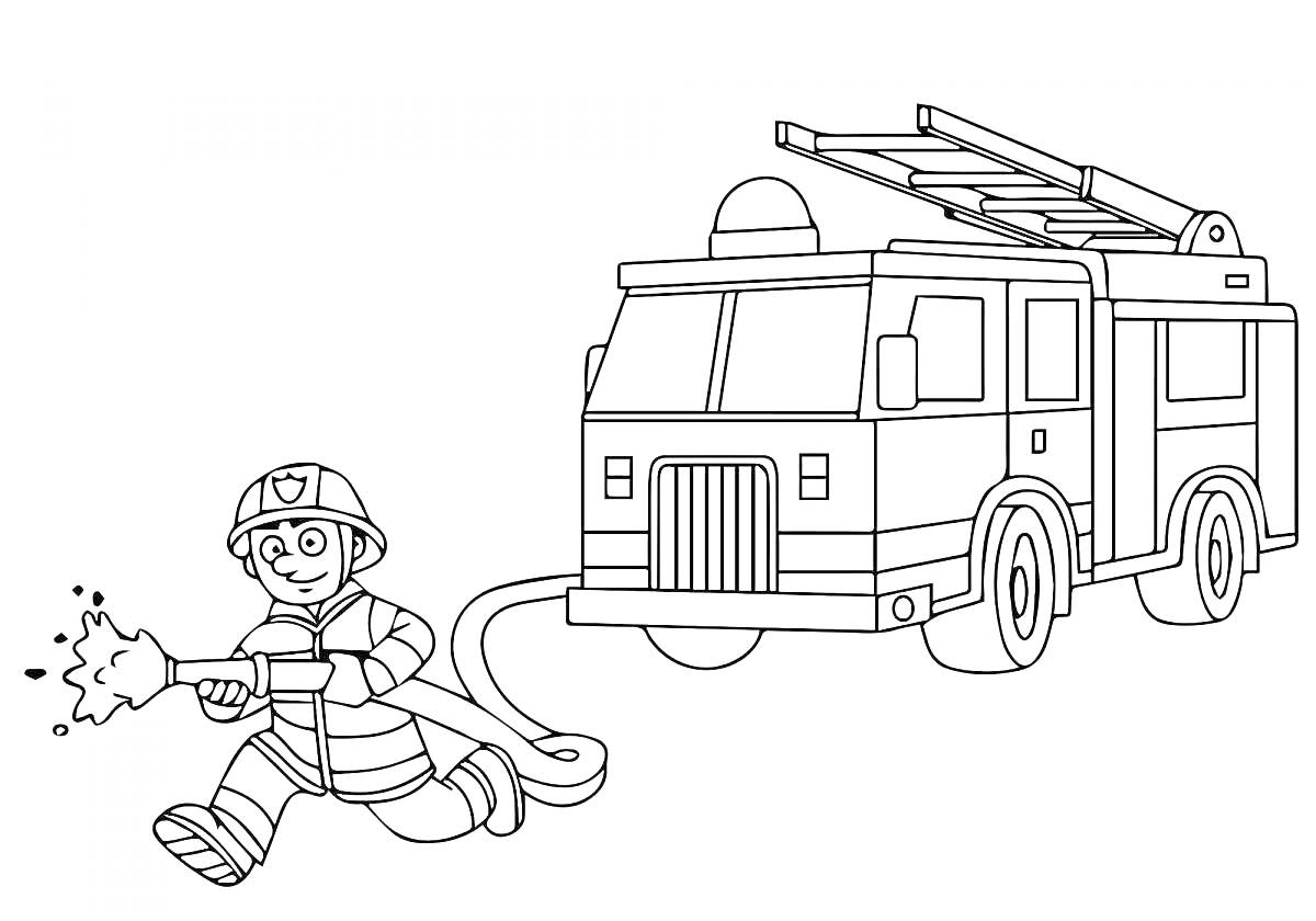 Раскраска Пожарная машина с пожарным, держащим шланг с водой