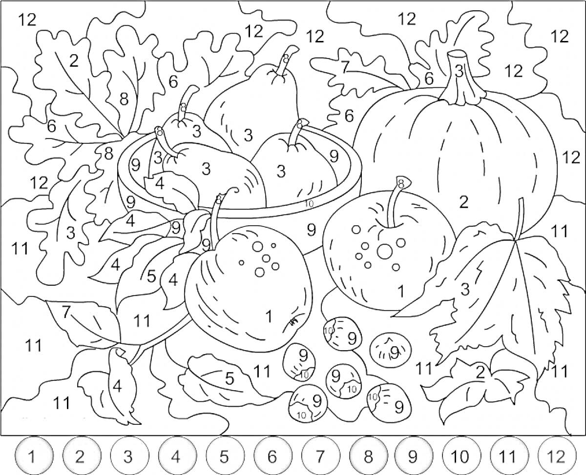 На раскраске изображено: Натюрморт, Фрукты, Овощи, Груши, Тыква, Осенние листья, Ягоды, Яблоко